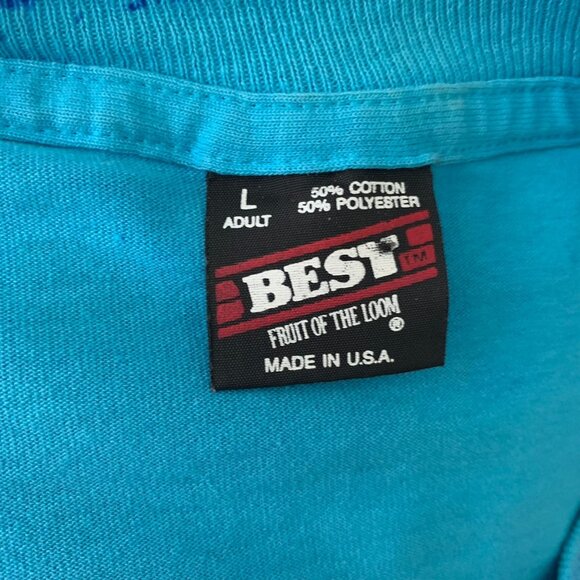 Vintage 90s All Over Print Arkansas T Shirt L Blue Crewneck Single Stitch River - Picture 6 of 6